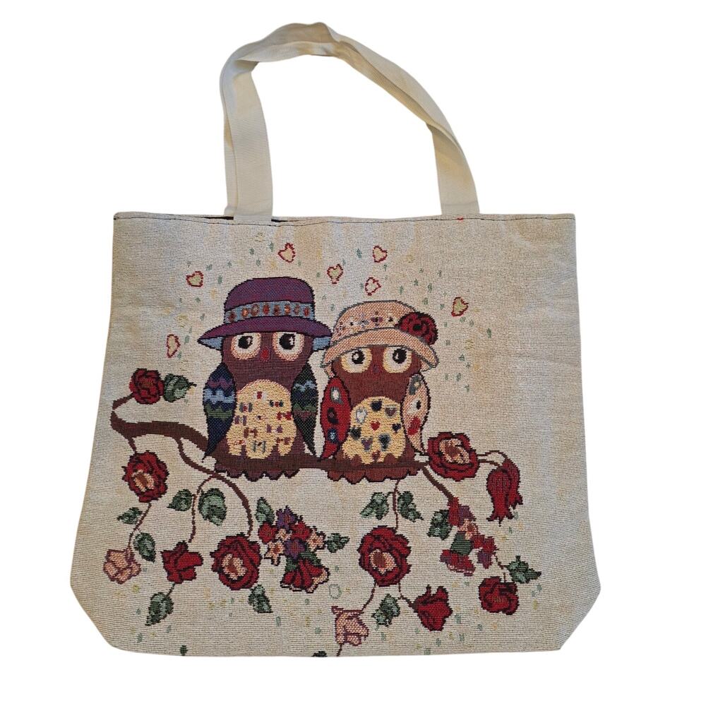 Woven Tapestry Owl Tote Bag Whimsical Floral Rose Cottagecore Boho Canvas Strap